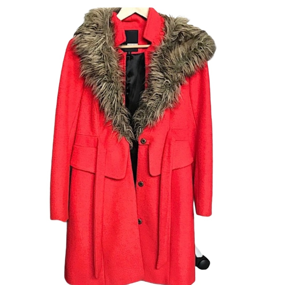 Anthropologie Orange Coat with Faux Fur Size 2